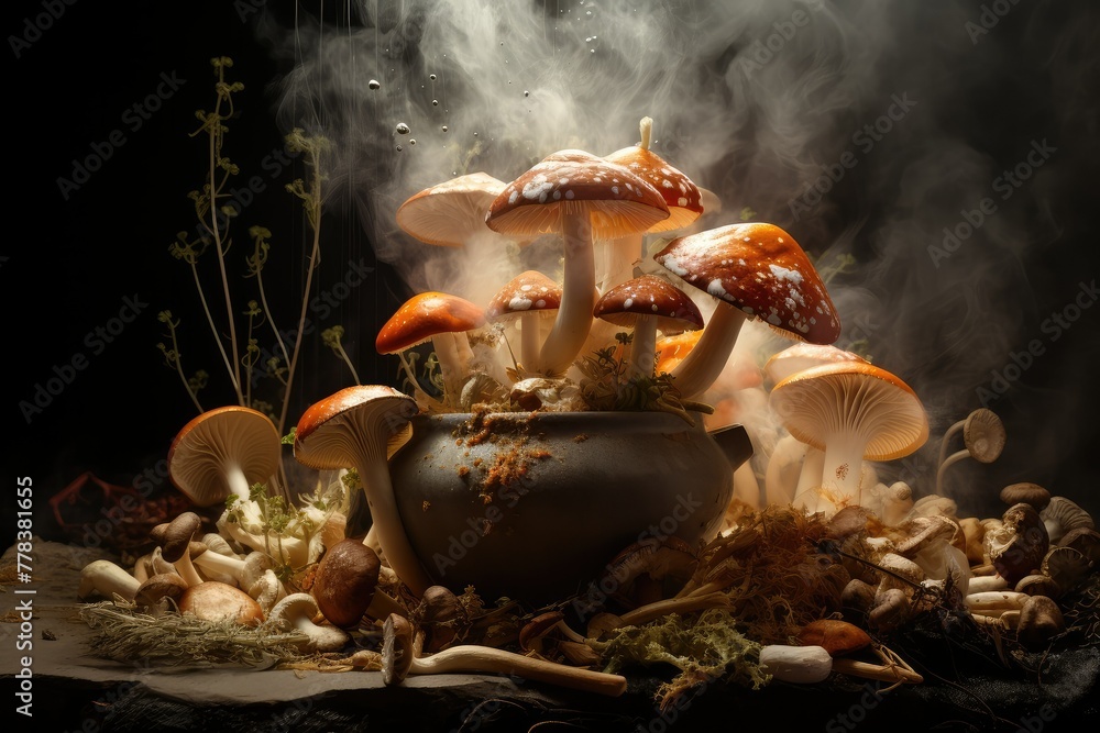 Poster a pot on a table overflowing with various types of mushrooms. generative ai