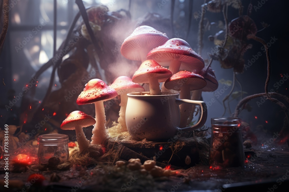 Poster a cluster of mushrooms arranged neatly on top of a wooden table. generative ai