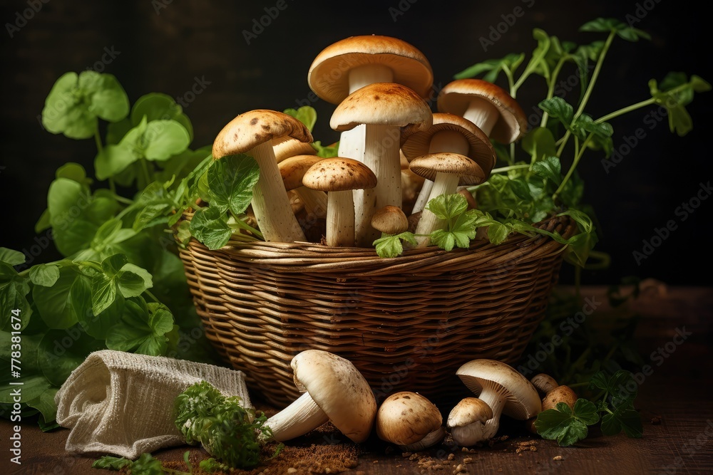 Poster a table displays a basket overflowing with a variety of mushrooms. generative ai