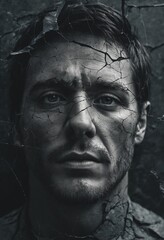 Monochrome portrait captures mans cracked face in dramatic detail