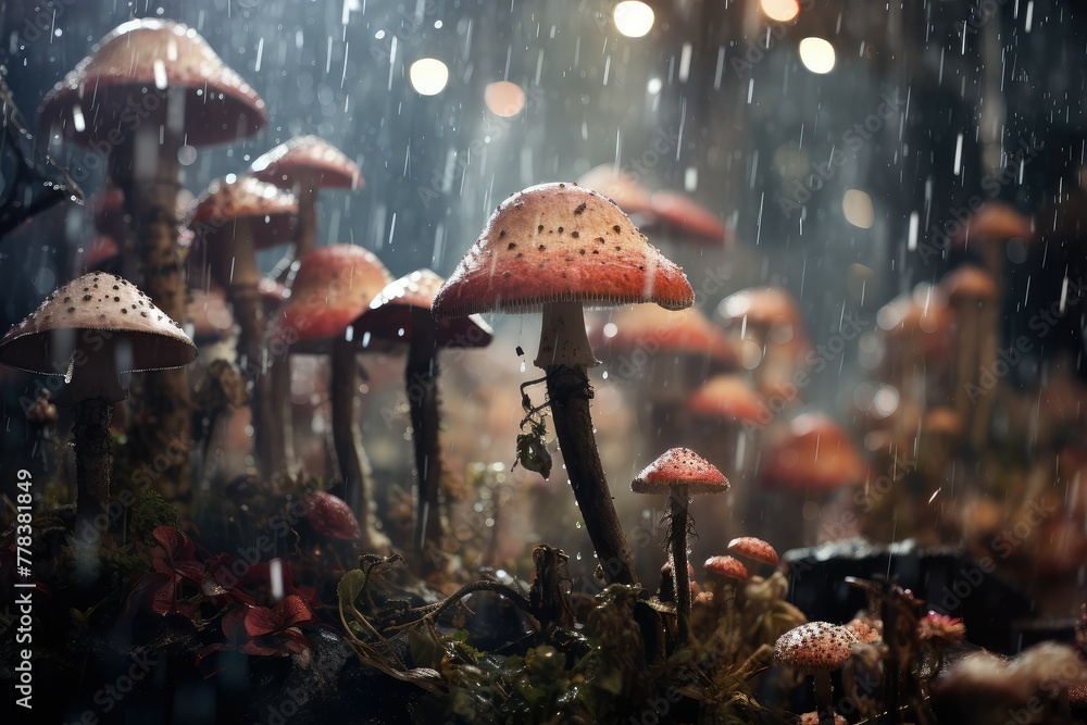 Poster a cluster of mushrooms emerging from the grass in a natural setting. generative ai