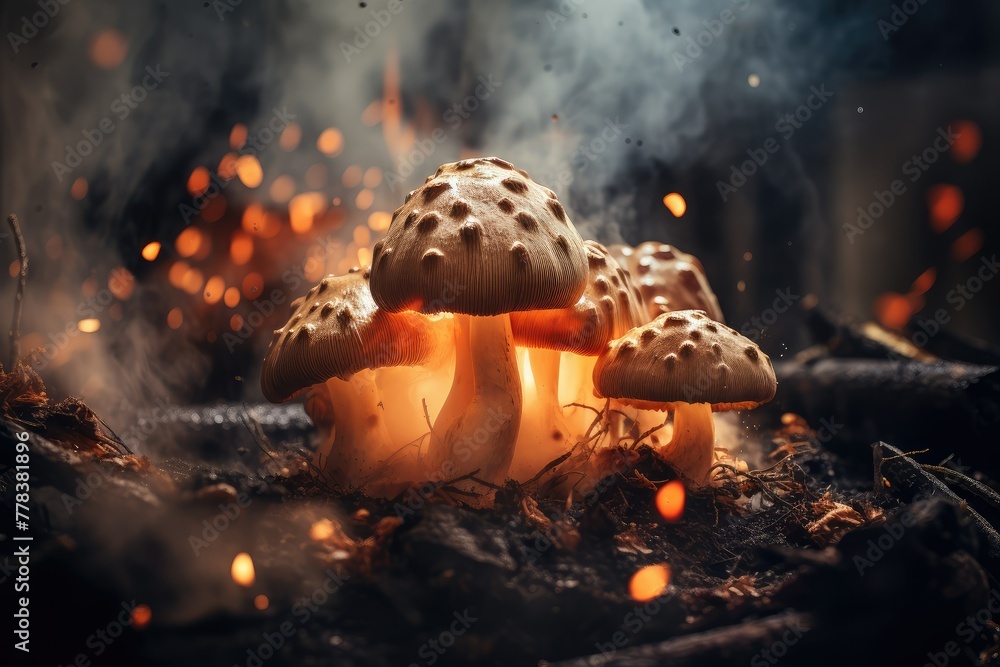 Poster a grouping of mushrooms with glowing lights resting on the forest floor amidst fallen leaves and twi