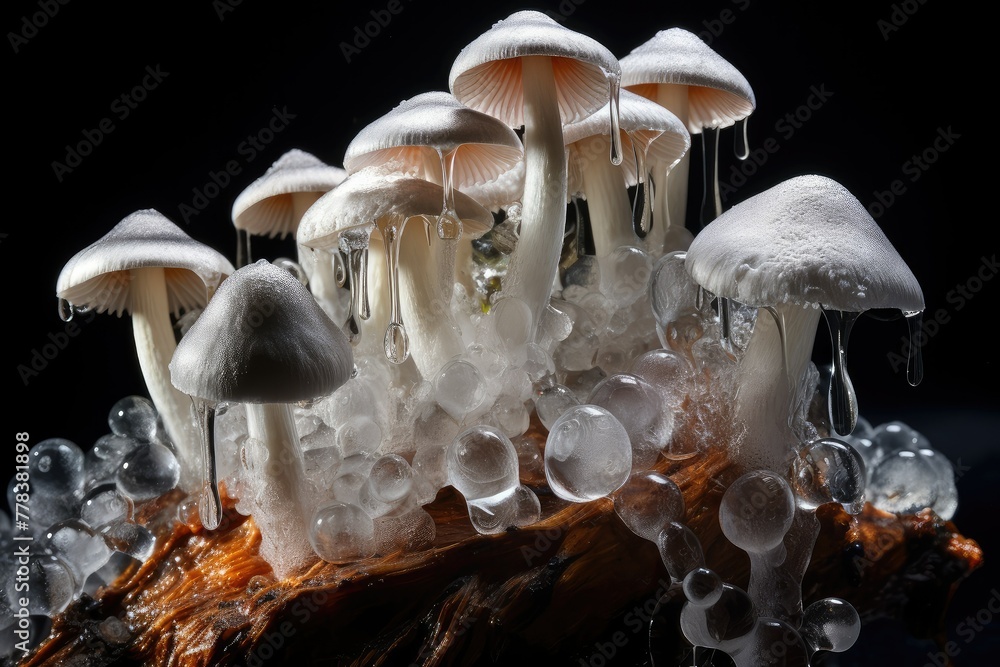 Poster a collection of mushrooms with ice and freshness growing on top of a tree stump in a forest setting.