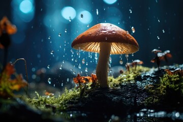 A mushroom is seen sitting atop a ground covered in lush green moss. Generative AI - Powered by Adobe