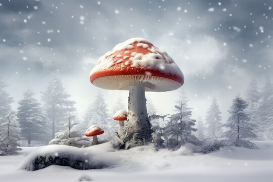 A mushroom stands out in the midst of a snowy forest, surrounded by white landscape and fog. Generative AI