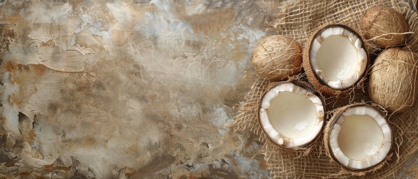   A group of coconuts resting on a bundle of burly sack cloth