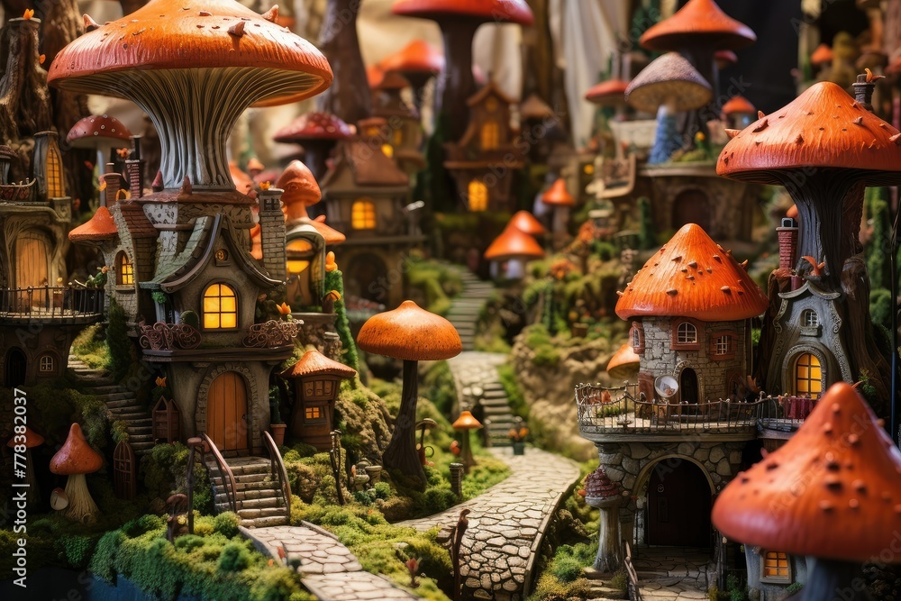 Poster a collection of tiny houses and trees in a charming mushroom village setting. generative ai
