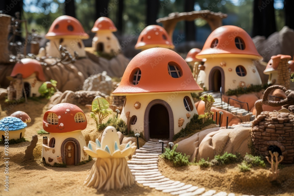 Poster a cluster of quaint mushroom shaped little houses surrounded by trees in a forest setting. generativ