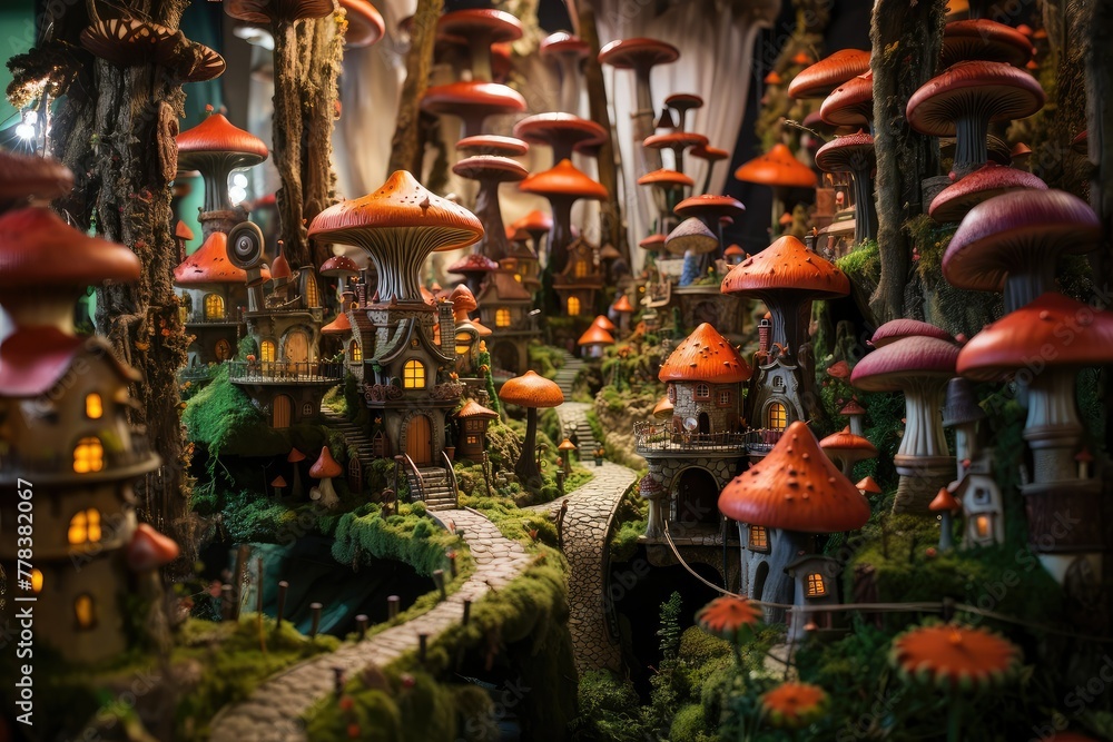 Poster various types of mushrooms clustered together in a room, creating a unique and interesting display. 