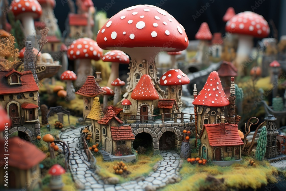 Poster a close view of a mushroom village with a bunch of tiny houses clustered together. generative ai