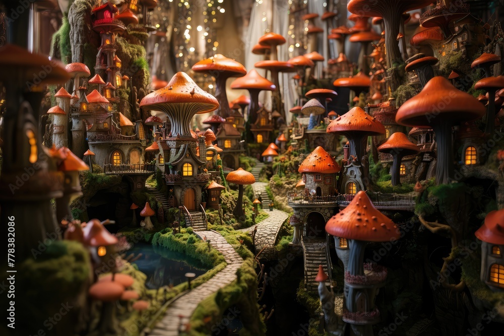 Poster a cluster of small houses nestled among trees in a lush forest setting. generative ai