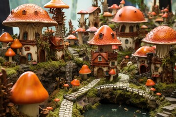 A group of mushroom-shaped houses with vibrant orange roofs stand closely together. Generative AI