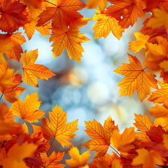Naklejka na ściany i meble Autumnal colored leaves as a frame with bokeh background