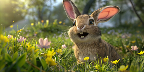 Obraz premium Happy cartoon rabbit in the meadow with flowers