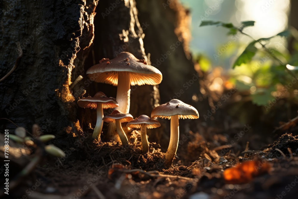 Poster mushrooms clustered on the ground beside a tree in a forest setting. generative ai