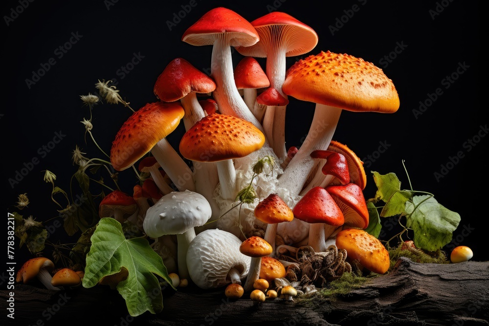 Poster various mushrooms in different shapes, sizes, and colors sitting neatly arranged on top of a table. 
