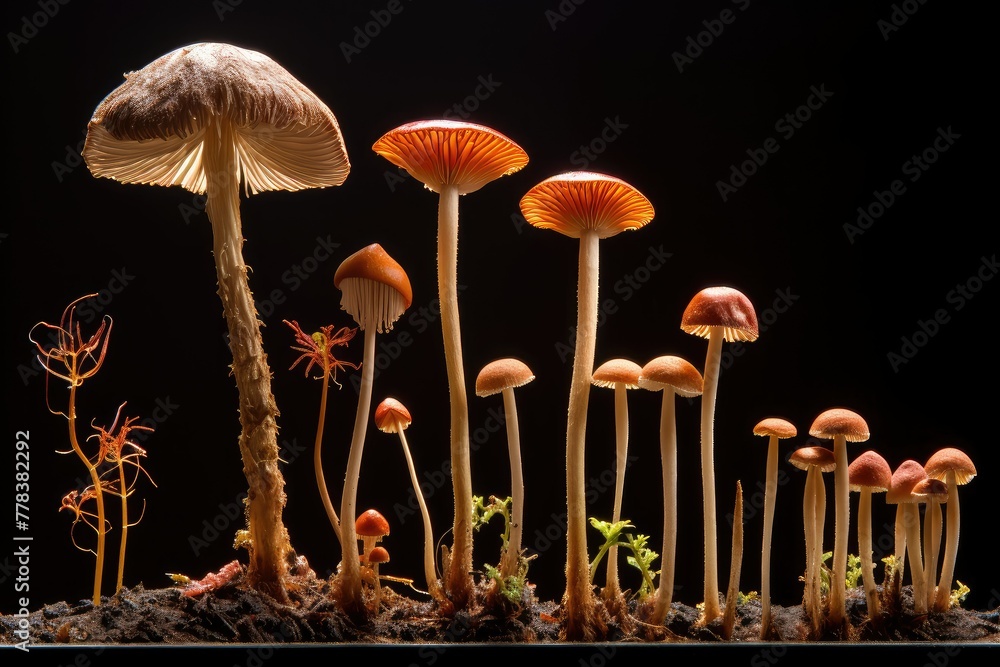 Poster a group of mushrooms sprouting and growing out of the soil in a time lapse sequence. generative ai