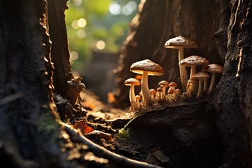 Group of mushrooms in various sizes and colors growing on the side of a tree trunk in a forest. Generative AI - obrazy, fototapety, plakaty