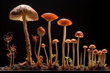 A group of mushrooms sprouting and growing out of the soil in a time lapse sequence. Generative AI
