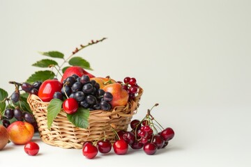 Abundant display of small fruits on plain background, leaving room for text
