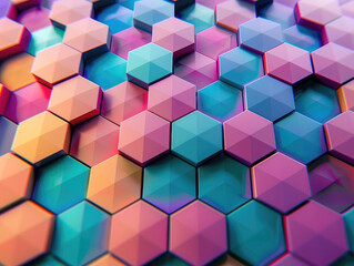 Hexagon futuristic background, 3D render clay style, Abstract geometric shape theme, colorful