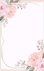 Pink roses and buds frame with a golden outline on a white background, suitable for wedding invitations, in a watercolor style.