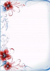 Red and blue flowers with gradient petals on a lined paper background, framed with blue waves.