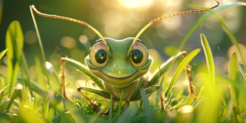 Happy cartoon grasshopper in the meadow with flowers