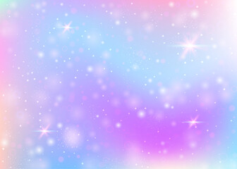 Naklejka premium Holographic background with rainbow mesh. Girlish universe banner in princess colors. Fantasy gradient backdrop with hologram. Holographic unicorn background with fairy sparkles, stars and blurs.