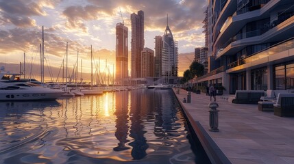 A picturesque waterfront promenade lined with elegant cafes and boutique shops, with sailboats and yachts bobbing in the harbor against a backdrop of iconic landmarks  - obrazy, fototapety, plakaty