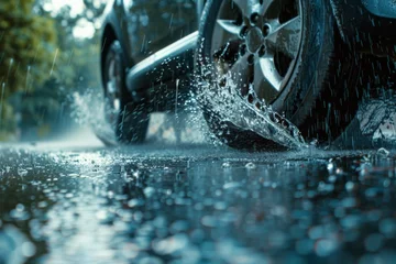 Fotobehang Close-up shot of car wheels on wet road, capturing splashes of water and dynamic movement © Aleks