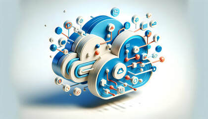 3d flat icon as Cloud Fusion Cloud elements fuse together symbolizing the integration of cloud technologies. in Digital Cloud Computing background theme with isolated white background ,Full depth of f