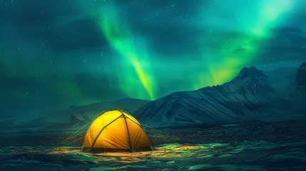 Foto auf Alu-Dibond A glowing yellow camping tent under a beautiful green northern lights aurora. Travel adventure landscape background. Photo composite.  © Oulailux