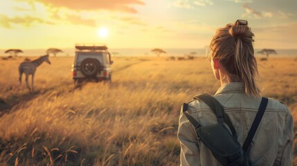Happy woman traveller on a safari in Africa, travels by car in Kenya and Tanzania, watches life wild tigers, giraffes, zebras and antelopes in the savannah.  - obrazy, fototapety, plakaty