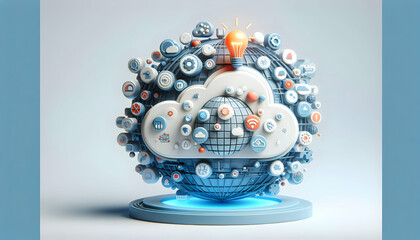 3d flat icon as Cloud Innovation Sphere A sphere of innovation with cloud computing icons symbolizing a world of possibilities. in Digital Cloud Computing background theme with isolated white backgrou