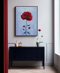Painting of a red poppy flower in a blue vase on a blue background in a modern interior with a dark blue dresser and red curtains.