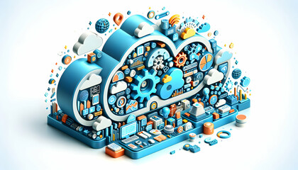 3d flat icon as Cloudscape Innovation A cloudscape with digital elements represents innovation in cloud tech. in Digital Cloud Computing background theme with isolated white background ,Full depth of 