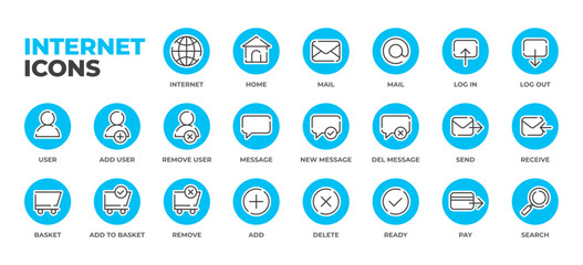 Internet and Social Media icon set. Online community, mail, send, basket, log in, home page, website, blog, content, business marketing and UI icons. Line art design.