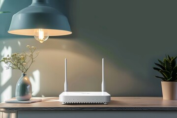 Modern router enhancing wi-fi connectivity in a stylish apartment setting - obrazy, fototapety, plakaty