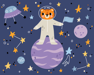 Tiger in open space. Cute animal astronaut in space suits. Character exploring universe galaxy with planets, stars, spaceship for children print. Vector design in Scandinavian style.