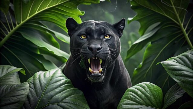 panther among the leaves with an angry expression