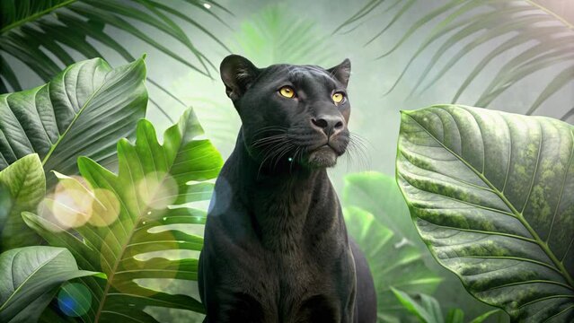 the panther among the leaves with a confused expression looked up