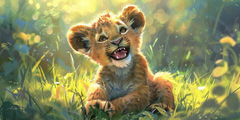 Happy cartoon baby lion in the meadow with flowers - obrazy, fototapety, plakaty