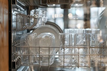 Pristine white plates and crystal clear glassware on display as dishwasher finishes washing - obrazy, fototapety, plakaty