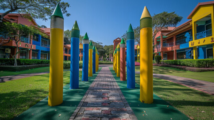 A colorful walkway with yellow, green, and blue pillars. The walkway is surrounded by buildings and trees