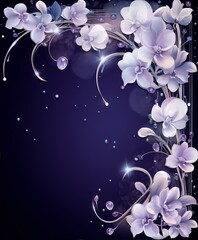 Elegant floral corner design with delicate orchids in purple and silver tones on a dark blue background.
