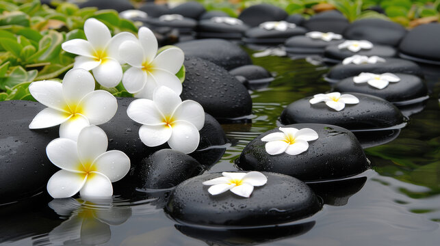 A black and white photo of a pond with white flowers and rocks. The image has a serene and peaceful mood, with the flowers and rocks creating a calming atmosphere