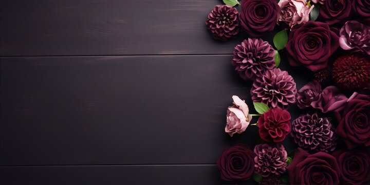 Still life photography of purple and pink flowers on a dark wood background