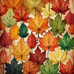 Colorful watercolor autumn leaves on wooden background, perfect for home decor, wallpapers, and fabric.