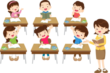 students and teacher in classroom children learning education concept